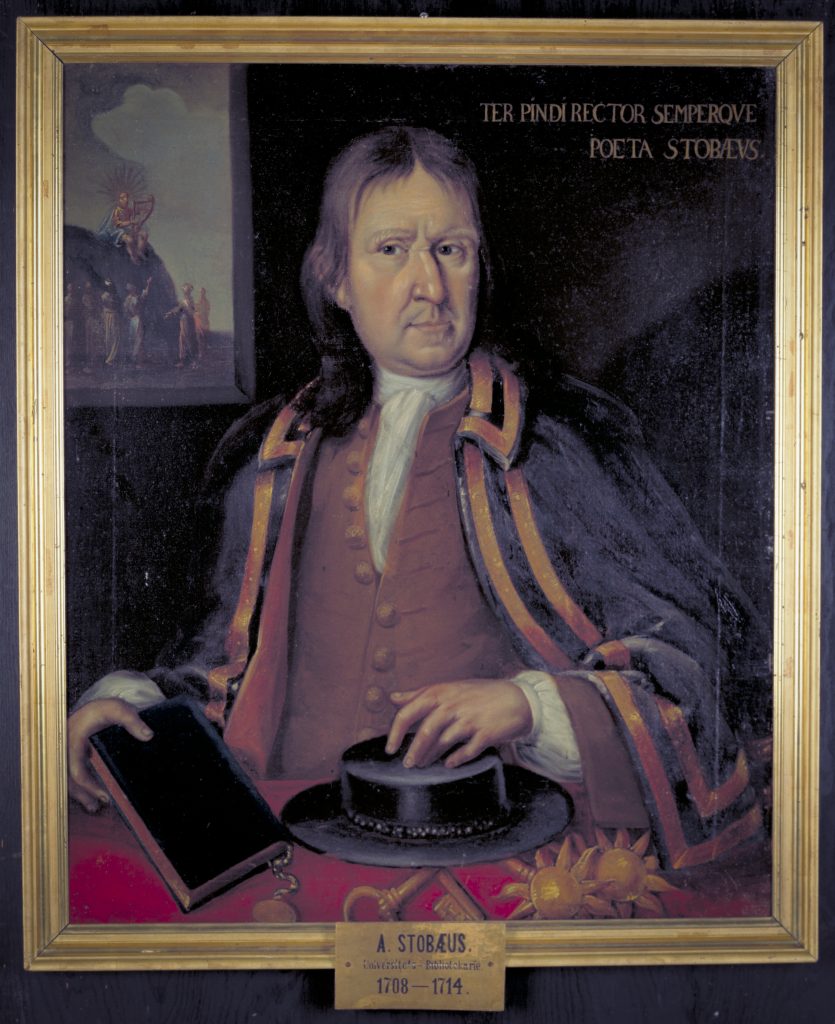 Andreas Stobaeus rektorsporträtt med spiror framför honom